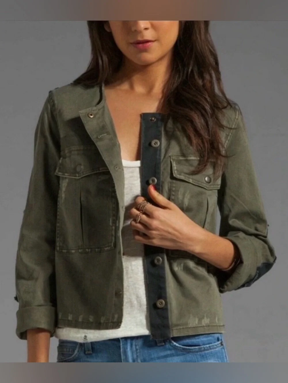 Free People LOU Olive Green/Black Accent Distressed Military Denim Jacket (XS) - Picture 10 of 12